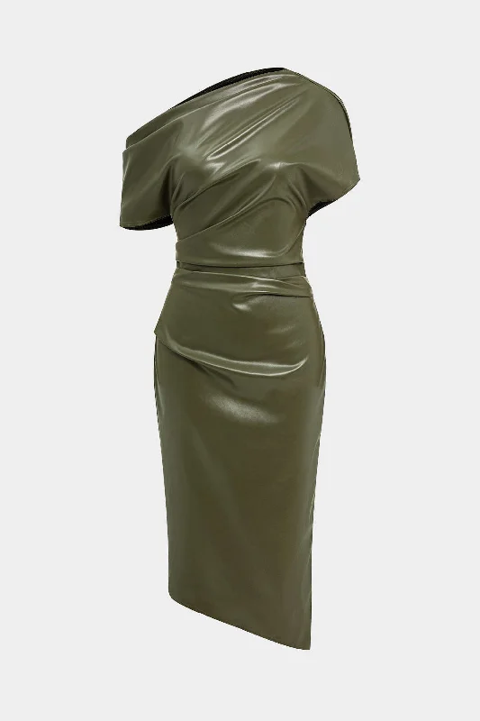 Wrap - style midi dresses in silk for a sophisticated office look Asymmetrical Shoulder Faux Leather Bodycon Dress Wrap - style midi dresses in silk for a sophisticated office look Asymmetrical Shoulder Faux Leather Bodycon Dress