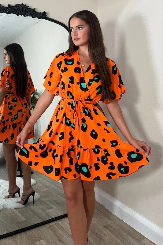 Plaid mini dresses for fall fashion Jazlyn Orange Animal Wrap Mini Dress