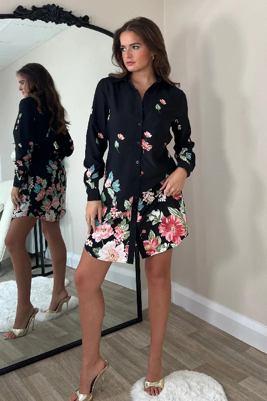 Mini dresses with criss - cross backs for a flirty look Alana Floral Boarder Print Shirt Dress Black Mini dresses with criss - cross backs for a flirty look Alana Floral Boarder Print Shirt Dress Black