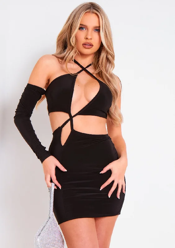 Mini dresses with one - shoulder designs Siya Black Asymmetric Cut Out Detail Dress