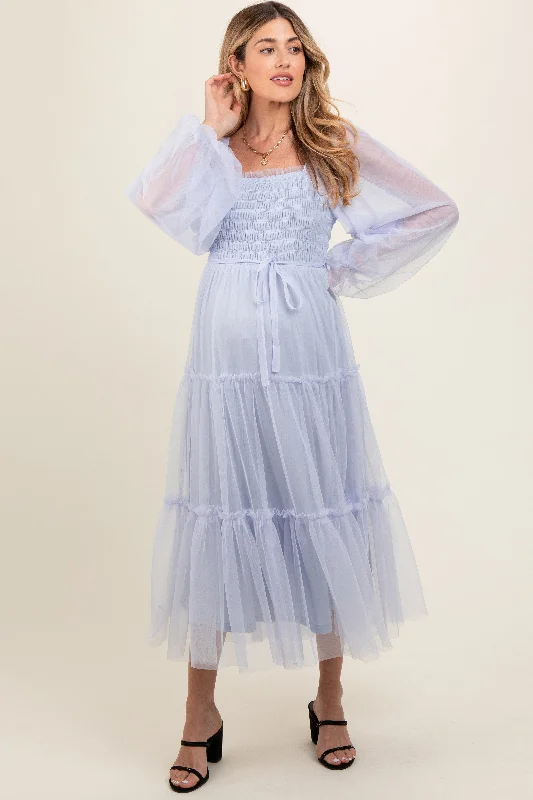 Midi dresses with gathered skirts for a full and flowing silhouette Light Blue Mesh Tiered Long Sleeve Maternity Maxi Dress Midi dresses with gathered skirts for a full and flowing silhouette Light Blue Mesh Tiered Long Sleeve Maternity Maxi Dress