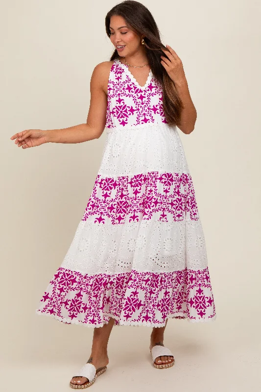 Midi dresses with ribbed textures for a unique and tactile appearance Magenta Printed Eyelet Tiered V-Neckline Sleeveless Maternity Dress Midi dresses with ribbed textures for a unique and tactile appearance Magenta Printed Eyelet Tiered V-Neckline Sleeveless Maternity Dress