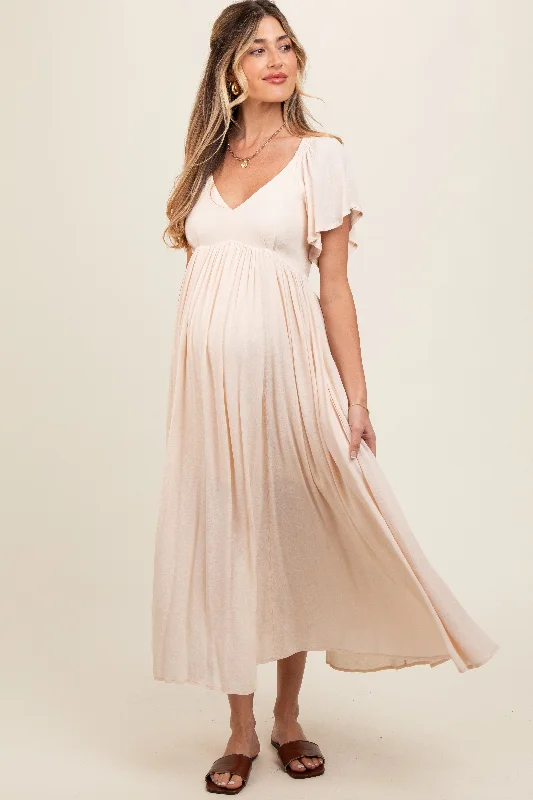 Midi dresses with ruched bodices for a feminine and fitted feel Cream V-Neck Flutter Short Sleeve Maternity Midi Dress Midi dresses with ruched bodices for a feminine and fitted feel Cream V-Neck Flutter Short Sleeve Maternity Midi Dress