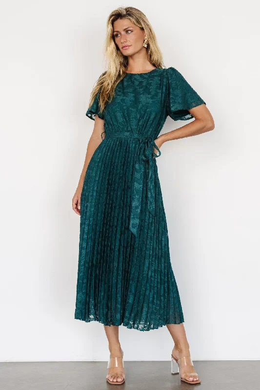 High - low midi dresses with geometric patterns for a modern party Mindy Pleated Dress | Emerald High - low midi dresses with geometric patterns for a modern party Mindy Pleated Dress | Emerald