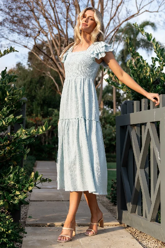 Midi dresses with side slits for a sexy and elegant appearance Jacie Smocked Midi Dress | Light Blue Midi dresses with side slits for a sexy and elegant appearance Jacie Smocked Midi Dress | Light Blue