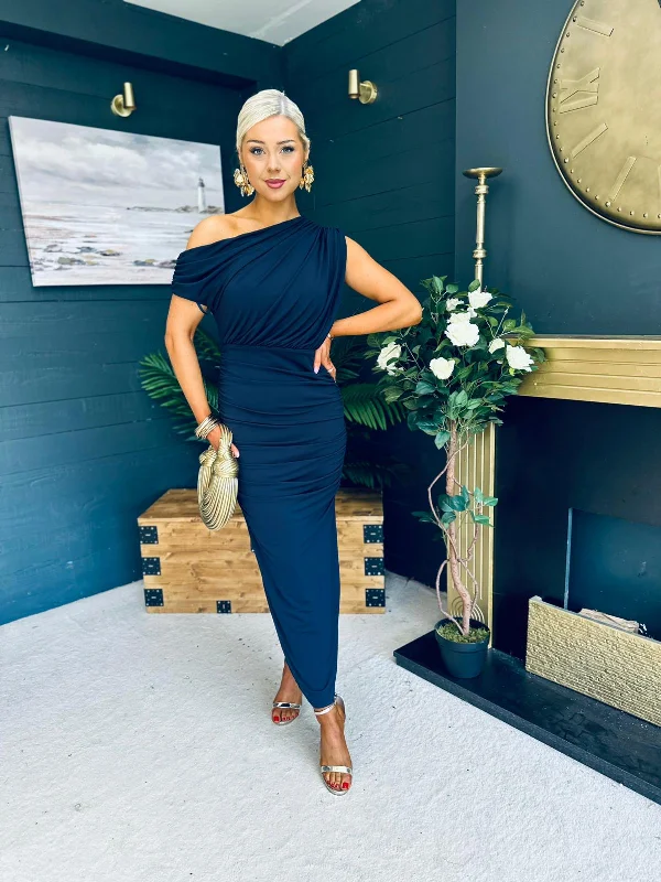 A - line midi dresses with floral prints for spring brunches Margot Off The Shoulder Draped Top Midi Dress Navy A - line midi dresses with floral prints for spring brunches Margot Off The Shoulder Draped Top Midi Dress Navy