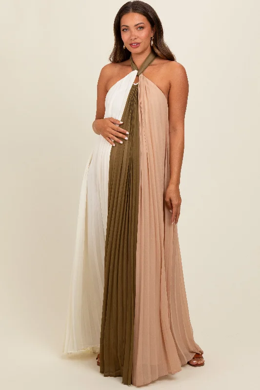 Midi dresses with geometric cutouts for a contemporary and edgy look Olive Colorblock Pleated Halter Neck Maternity Maxi Dress Midi dresses with geometric cutouts for a contemporary and edgy look Olive Colorblock Pleated Halter Neck Maternity Maxi Dress
