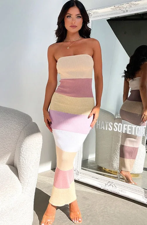 Midi dresses with wrap - around skirts for a customizable fit Linda Contrast Colors Strapless Knit Midi Dress Midi dresses with wrap - around skirts for a customizable fit Linda Contrast Colors Strapless Knit Midi Dress
