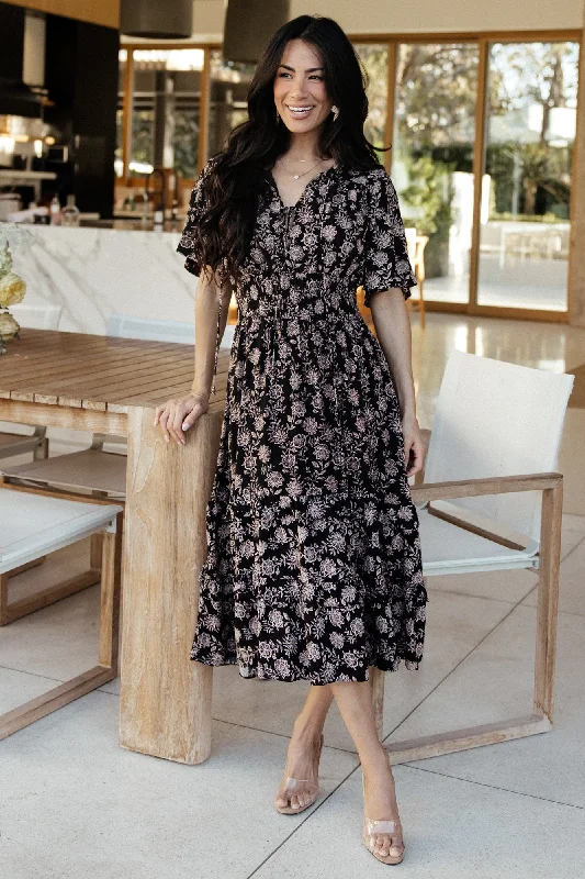 A - line midi dresses with floral prints for spring brunches Spell Boho Midi Dress | Black + Taupe Floral A - line midi dresses with floral prints for spring brunches Spell Boho Midi Dress | Black + Taupe Floral