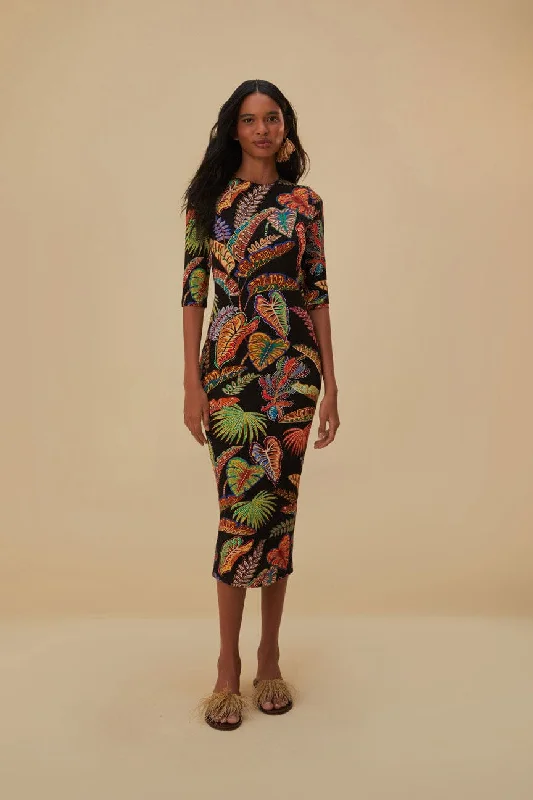 Midi dresses with lace - up fronts for a unique and adjustable style Cool Foliage Black Jersey Midi Dress