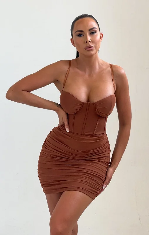 Mini dresses with ribbed textures for a unique appearance Chocolate Mesh Ruched Corset Strappy Bodycon Mini Dress - Penny Mini dresses with ribbed textures for a unique appearance Chocolate Mesh Ruched Corset Strappy Bodycon Mini Dress - Penny