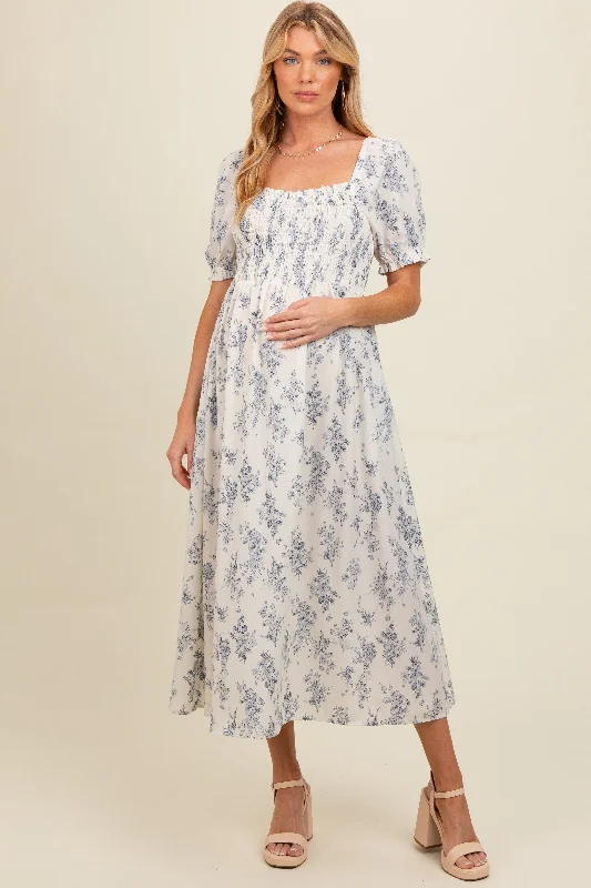 Midi dresses with tassel accents for a bohemian and free - spirited style Ivory Floral Smocked Sweetheart Neckline Maternity Midi Dress Midi dresses with tassel accents for a bohemian and free - spirited style Ivory Floral Smocked Sweetheart Neckline Maternity Midi Dress