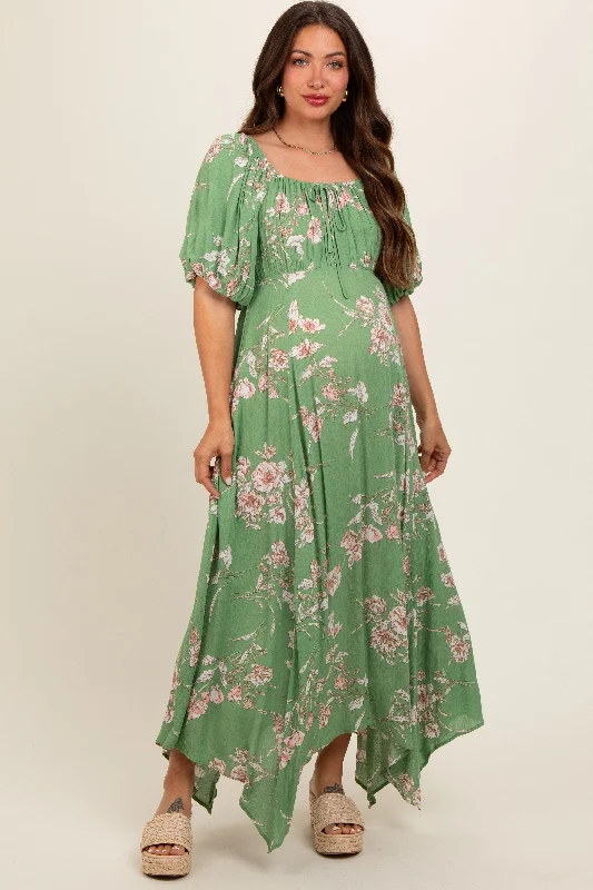 Midi dresses with ruffled sleeves for a more feminine and voluminous look Light Olive Floral Puff Sleeve Maternity Maxi Dress Midi dresses with ruffled sleeves for a more feminine and voluminous look Light Olive Floral Puff Sleeve Maternity Maxi Dress