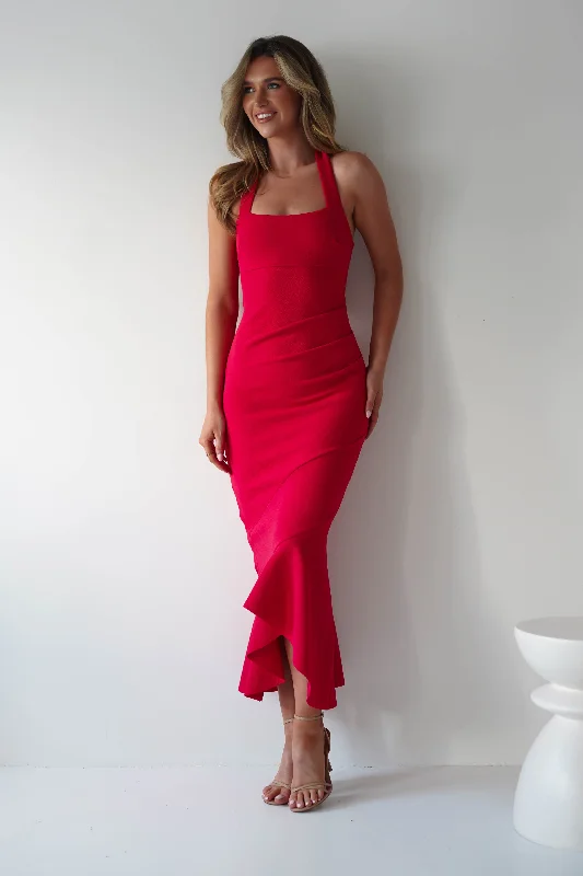 Midi dresses with puff sleeves for a vintage - inspired look Damaris Textured Midi Dress | Red Midi dresses with puff sleeves for a vintage - inspired look Damaris Textured Midi Dress | Red