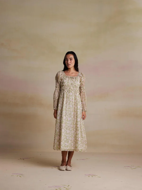 Midi dresses with embroidered accents for a unique and detailed design Jojoba Shirred Midi Dress Midi dresses with embroidered accents for a unique and detailed design Jojoba Shirred Midi Dress