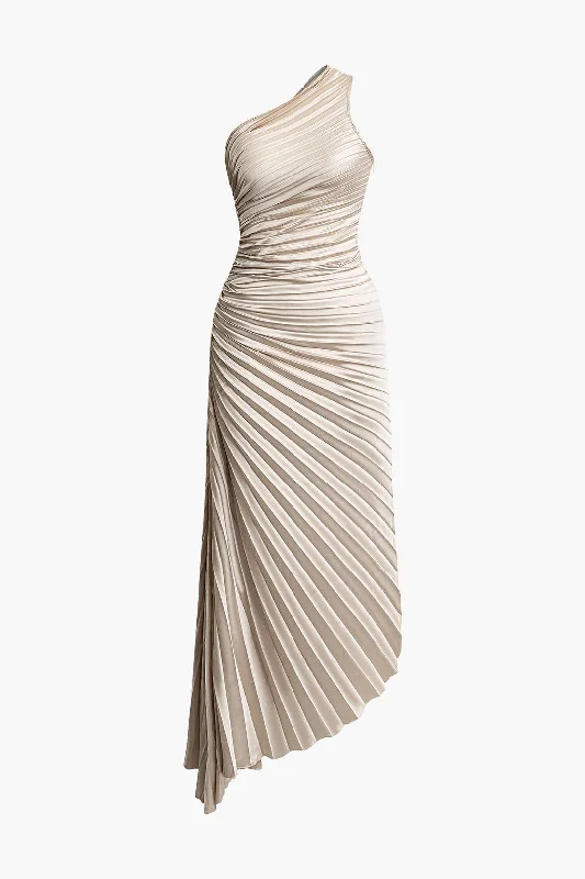 Midi dresses with pom - pom trims for a playful and festive look Asymmetrical One Shoulder Pleated Midi Dress Midi dresses with pom - pom trims for a playful and festive look Asymmetrical One Shoulder Pleated Midi Dress