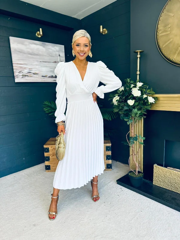 Midi dresses with puff sleeves for a vintage - inspired look Aisling Pleated Midi Dress White Midi dresses with puff sleeves for a vintage - inspired look Aisling Pleated Midi Dress White