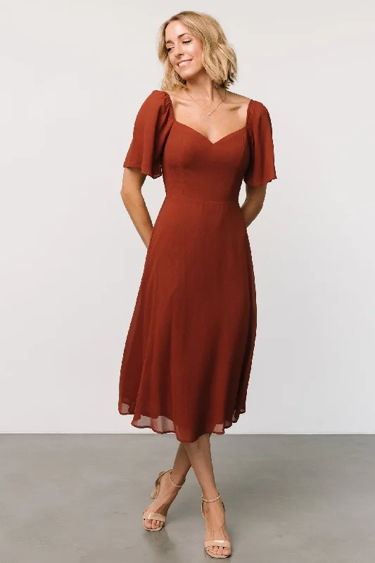 Midi dresses with embroidered accents for a unique and detailed design Colette Sweetheart Midi Dress | Cinnamon Midi dresses with embroidered accents for a unique and detailed design Colette Sweetheart Midi Dress | Cinnamon