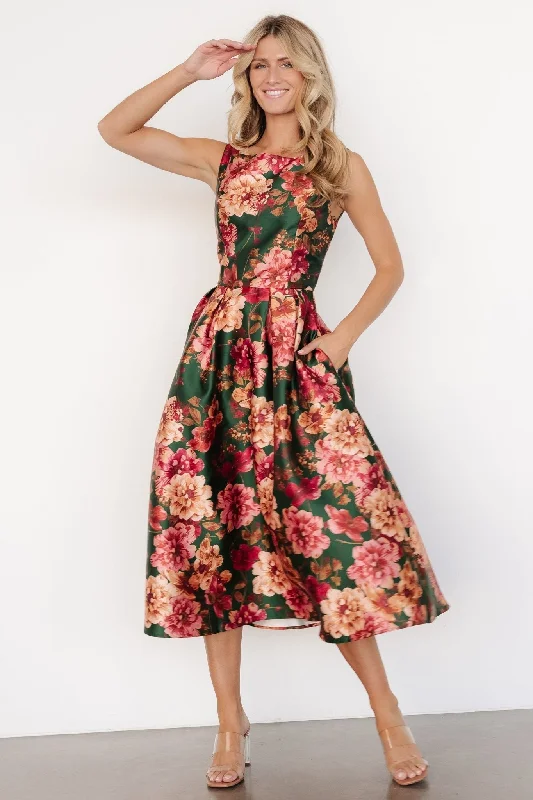 Midi dresses with tiered skirts for a bohemian festival look Wendy Sleeveless Dress | Emerald Multi Floral Midi dresses with tiered skirts for a bohemian festival look Wendy Sleeveless Dress | Emerald Multi Floral