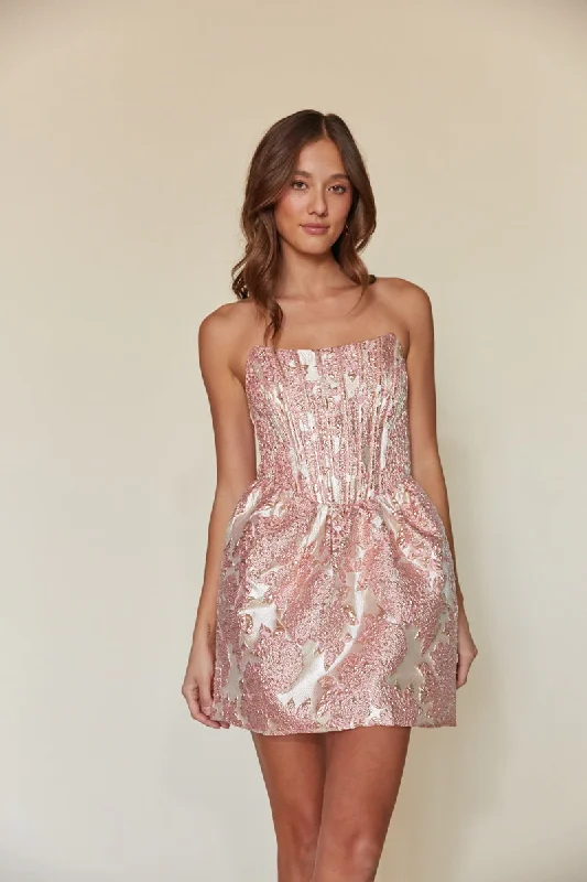 Mini dresses with abstract prints for an artistic look Mae Strapless Jacquard Corset Babydoll Mini Dress Mini dresses with abstract prints for an artistic look Mae Strapless Jacquard Corset Babydoll Mini Dress