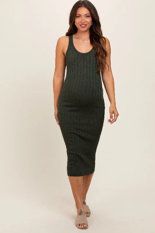 Plaid midi dresses for a fall - themed family gathering Olive Rib Knit Sleeveless Maternity Midi Dress Plaid midi dresses for a fall - themed family gathering Olive Rib Knit Sleeveless Maternity Midi Dress