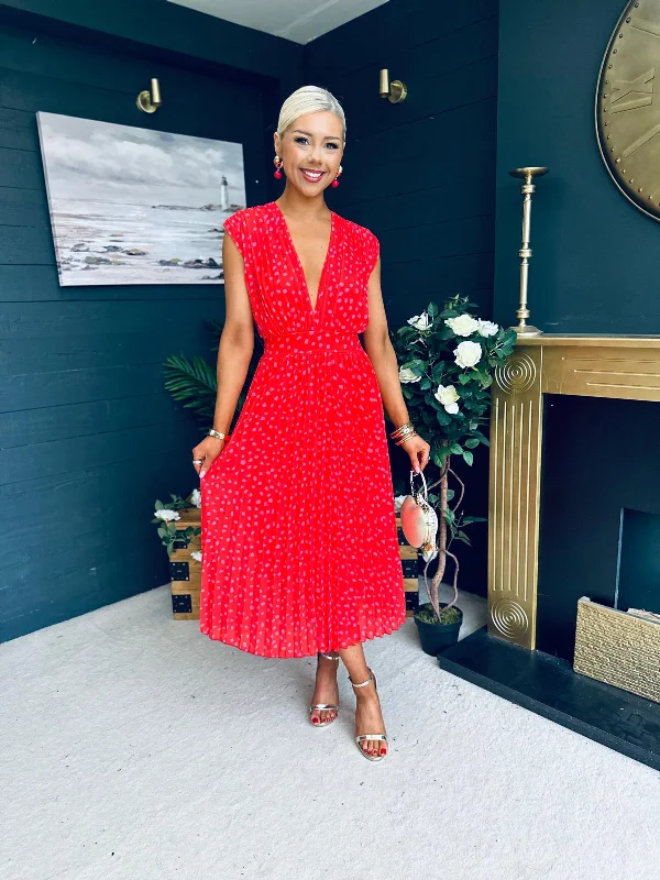 A - line midi dresses with floral prints for spring brunches Croia Plunge Neck Midi Dress Pink Red A - line midi dresses with floral prints for spring brunches Croia Plunge Neck Midi Dress Pink Red
