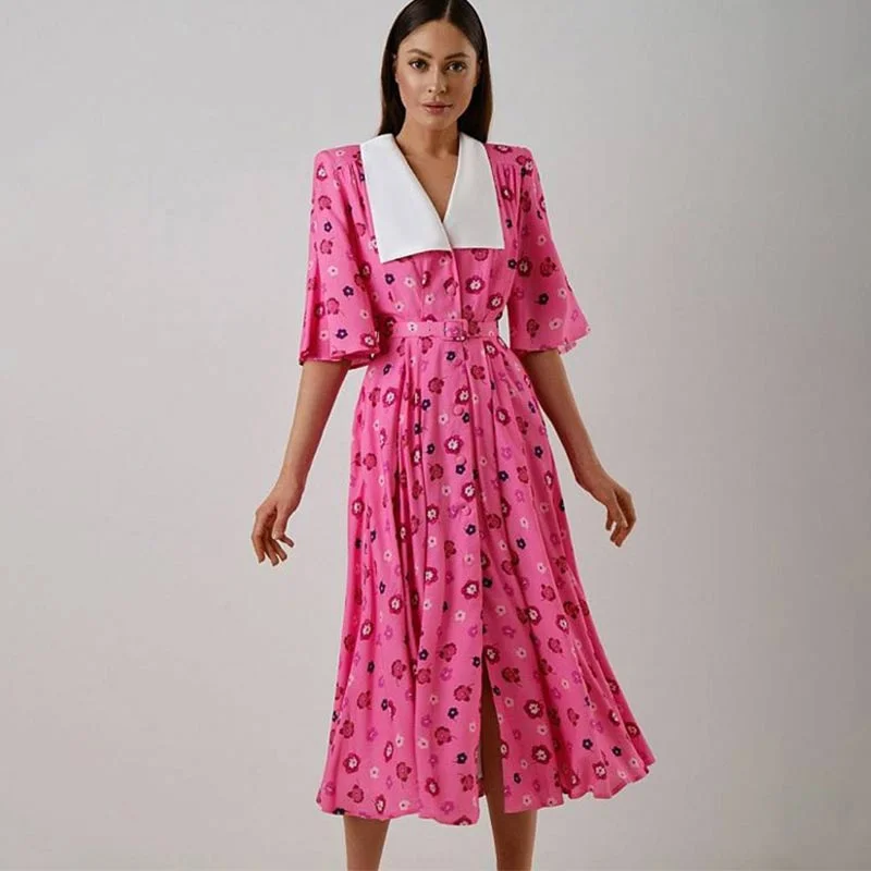 Midi dresses with lace - up fronts for a unique and adjustable style Cheryl Doll Collar Print Midi Dress Midi dresses with lace - up fronts for a unique and adjustable style Cheryl Doll Collar Print Midi Dress