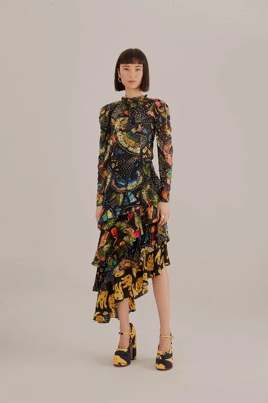 Midi dresses with belted waists to accentuate the figure Black Colorful Birds Tulle Blouse Midi dresses with belted waists to accentuate the figure Black Colorful Birds Tulle Blouse