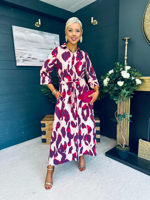 Midi dresses with wrap - around skirts for a customizable fit Chris Animal Print 3/4 Sleeve Shirt Dress Cream & Purple Midi dresses with wrap - around skirts for a customizable fit Chris Animal Print 3/4 Sleeve Shirt Dress Cream & Purple