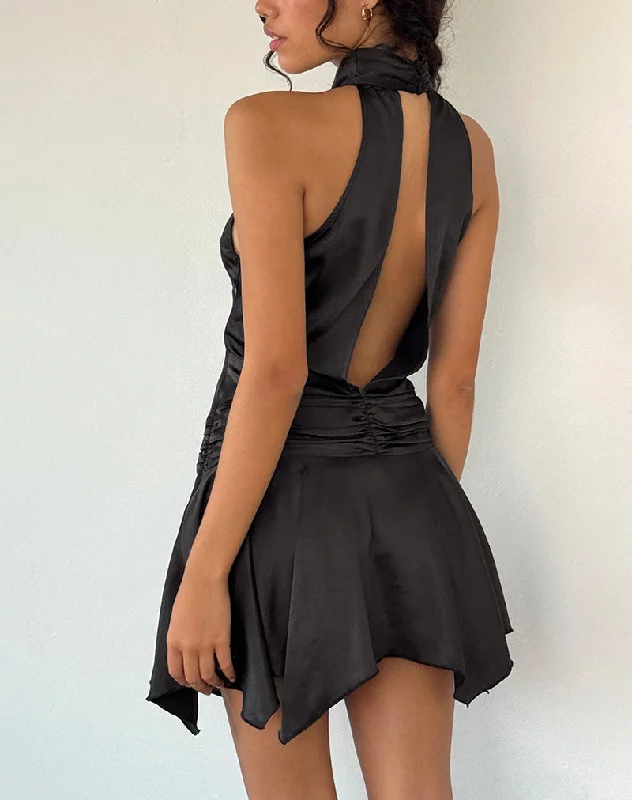 Mini dresses with V - necklines for a flattering shape Hydri Satin Halterneck Mini Dress in Black