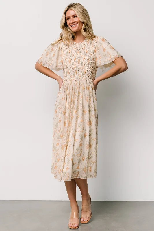 Midi dresses with metallic threads for a glamorous evening event Bailey Smocked Midi Dress | Ivory + Golden Floral