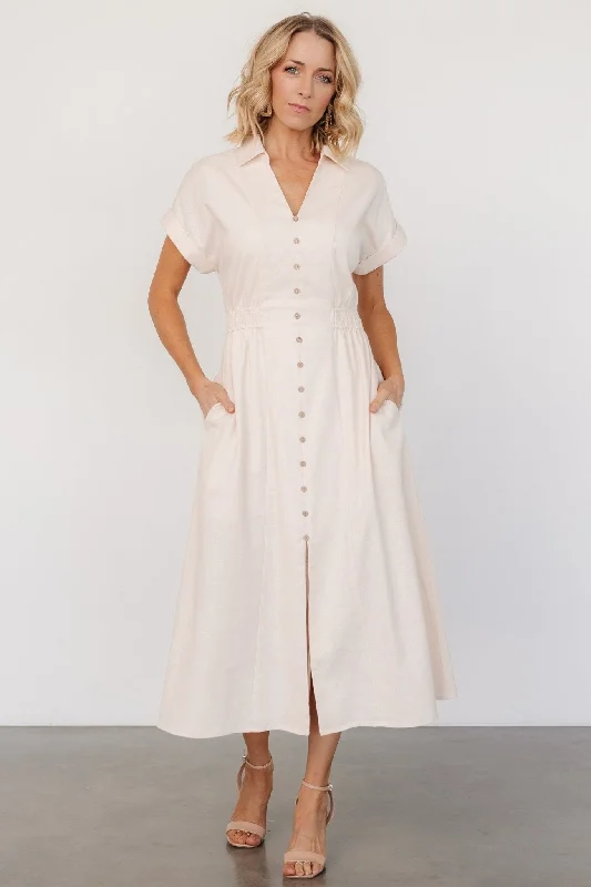 Midi dresses with tiered skirts for a bohemian festival look Larah Button Dress | Natural Midi dresses with tiered skirts for a bohemian festival look Larah Button Dress | Natural