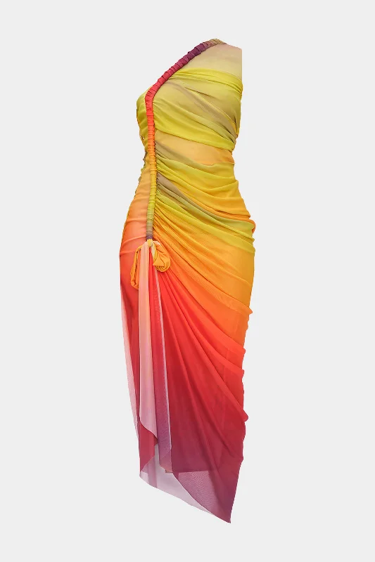 Midi dresses with lace - up fronts for a unique and adjustable style Ombre Print Twist Mesh One Shoulder Sleeveless Midi Dress Midi dresses with lace - up fronts for a unique and adjustable style Ombre Print Twist Mesh One Shoulder Sleeveless Midi Dress