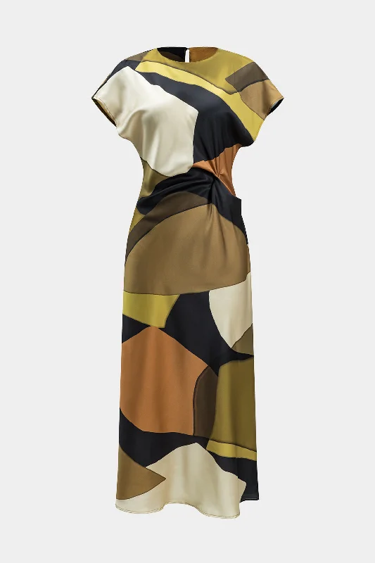 Midi dresses with cotton - blend materials for everyday comfort Abstract Print Satin Ruched Cut Out Button Midi Dress Midi dresses with cotton - blend materials for everyday comfort Abstract Print Satin Ruched Cut Out Button Midi Dress