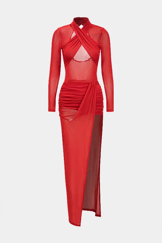 Midi dresses with sheer panels for a touch of allure Mesh Sheer Crossed Long Sleeve Midi Dress Midi dresses with sheer panels for a touch of allure Mesh Sheer Crossed Long Sleeve Midi Dress