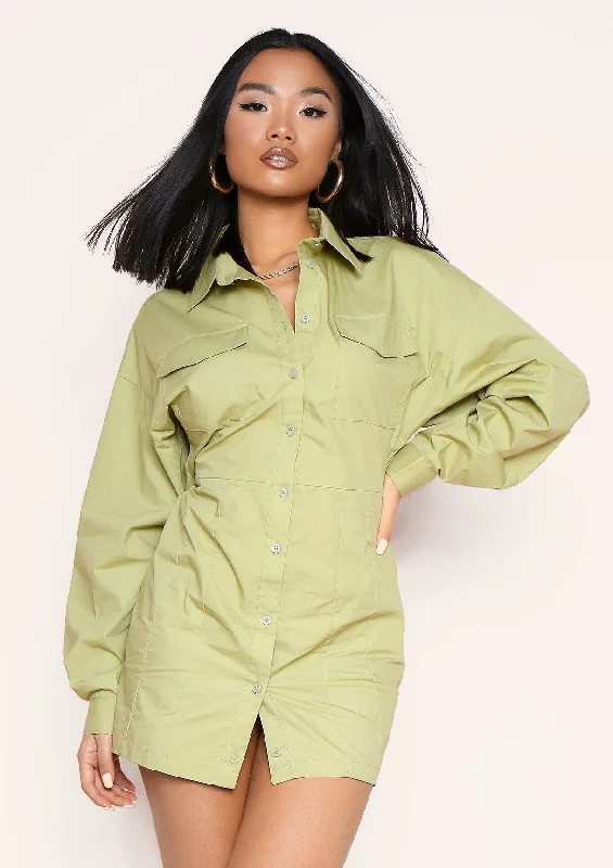 Mini dresses with ribbed textures for a unique appearance Cecilia Sage Green Pocket Front Back Detail Shirt Dress Mini dresses with ribbed textures for a unique appearance Cecilia Sage Green Pocket Front Back Detail Shirt Dress