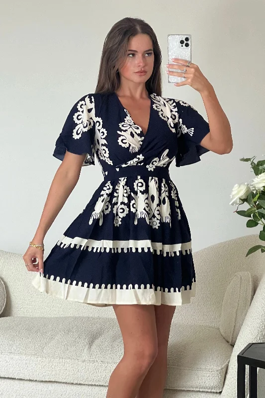 Mini dresses with button - down fronts Suzanne Blue Boarder Mini Dress
