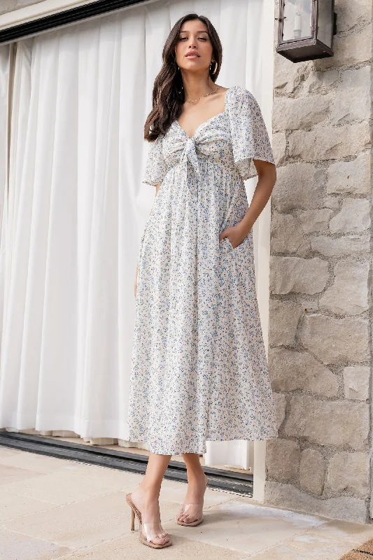Midi dresses with keyhole backs for a flirty and unexpected detail Carah Tie Dress | Off White + Blue Floral Midi dresses with keyhole backs for a flirty and unexpected detail Carah Tie Dress | Off White + Blue Floral