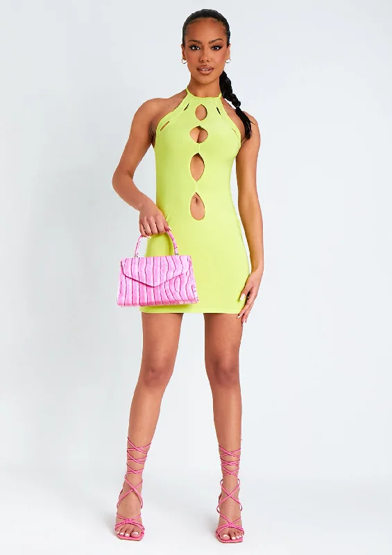 Mini dresses with spaghetti straps for a delicate look Giselle Lime Cut Out Halter Neck Double Layered Mini Dress Mini dresses with spaghetti straps for a delicate look Giselle Lime Cut Out Halter Neck Double Layered Mini Dress