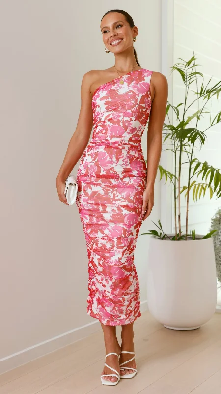 Midi dresses with patchwork patterns for a one - of - a - kind style Natalia Midi Dress - Pink Floral