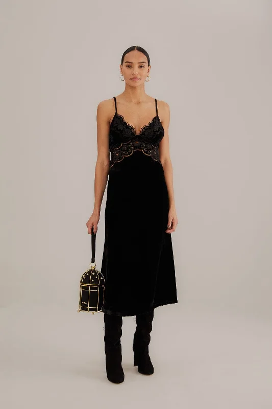 Midi dresses with V - necklines for a flattering and elongating effect Black Richelieu Velvet Slip Dress Midi dresses with V - necklines for a flattering and elongating effect Black Richelieu Velvet Slip Dress