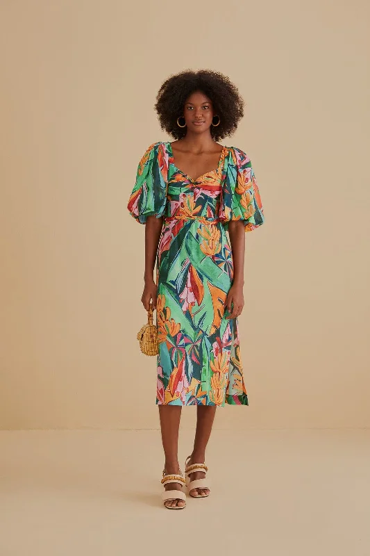 Midi dresses with ruched sleeves for a more fitted and stylish arm look Multicolor Banana Foliage Puff Sleeve Midi Dress Midi dresses with ruched sleeves for a more fitted and stylish arm look Multicolor Banana Foliage Puff Sleeve Midi Dress