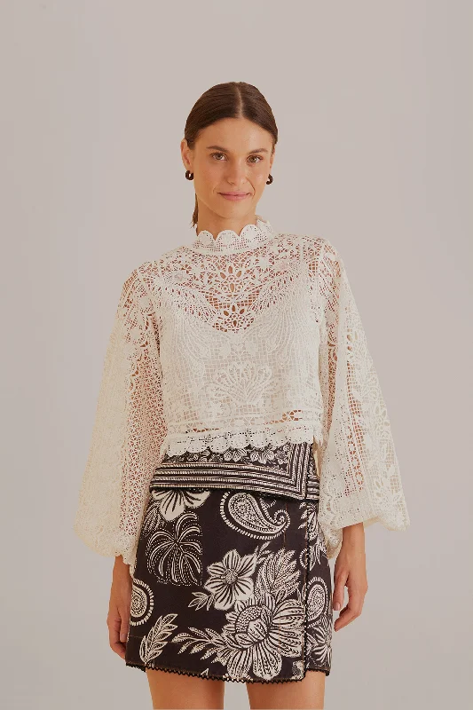 Midi dresses with sheer panels for a touch of allure Off-White Guipure Long Sleeve Blouse Midi dresses with sheer panels for a touch of allure Off-White Guipure Long Sleeve Blouse