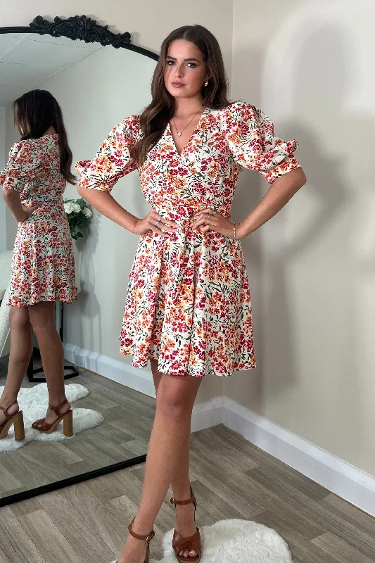 Mini dresses with patchwork designs for a unique style Elise Puff Sleeves Skater Dress Orange Floral Mini dresses with patchwork designs for a unique style Elise Puff Sleeves Skater Dress Orange Floral