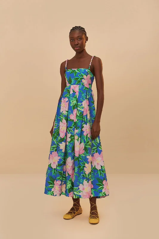 Midi dresses with ruched sleeves for a more fitted and stylish arm look Blue Painted Flowers Organic Cotton Midi Dress Midi dresses with ruched sleeves for a more fitted and stylish arm look Blue Painted Flowers Organic Cotton Midi Dress
