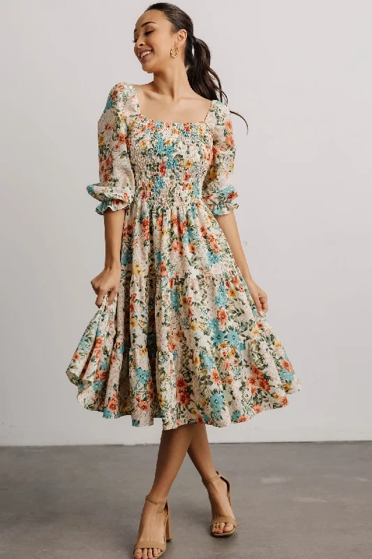 Midi dresses with pleated skirts for a timeless and elegant appeal Marta Smocked Midi Dress | Summer Floral Midi dresses with pleated skirts for a timeless and elegant appeal Marta Smocked Midi Dress | Summer Floral