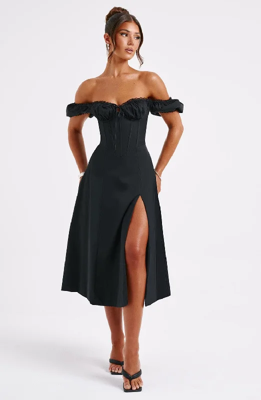 Midi dresses with ruffled hems for a romantic date night Courtney Midi Dress - Black Midi dresses with ruffled hems for a romantic date night Courtney Midi Dress - Black