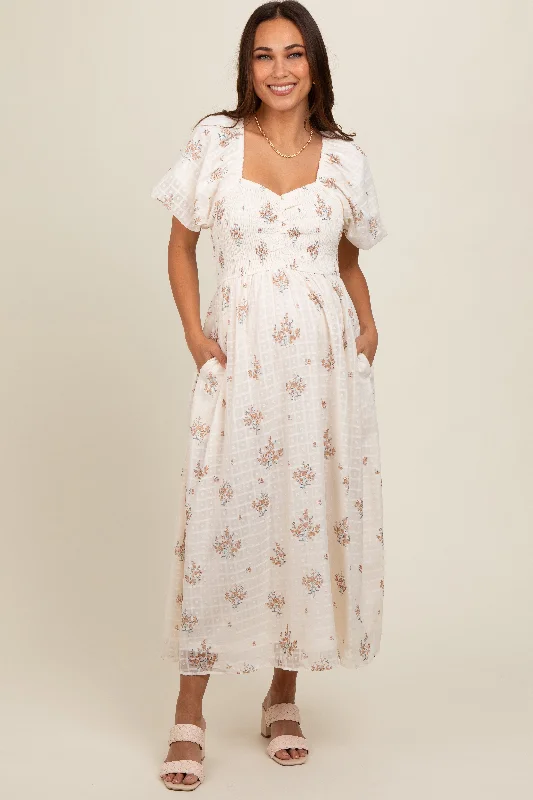 Sheath midi dresses with beaded embellishments for a formal occasion Beige Floral Textured Dot Smocked Sweetheart Neck Maternity Midi Dress Sheath midi dresses with beaded embellishments for a formal occasion Beige Floral Textured Dot Smocked Sweetheart Neck Maternity Midi Dress