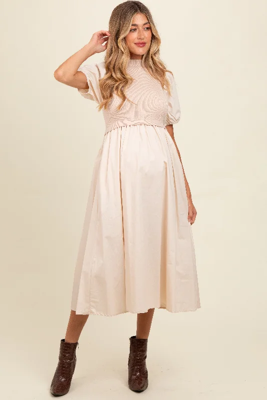 Plaid midi dresses for a fall - themed family gathering Cream Contrast Knit Bodice Maternity Midi Dress Plaid midi dresses for a fall - themed family gathering Cream Contrast Knit Bodice Maternity Midi Dress