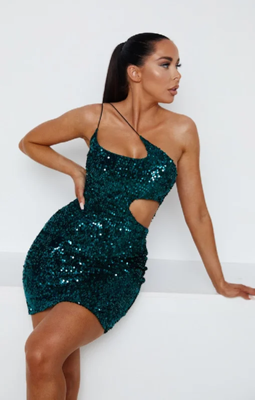 Mini dresses with high - low hems for a modern twist Emerald Sequin One Shoulder Cut Out Bodycon Mini Dress - Iris Mini dresses with high - low hems for a modern twist Emerald Sequin One Shoulder Cut Out Bodycon Mini Dress - Iris